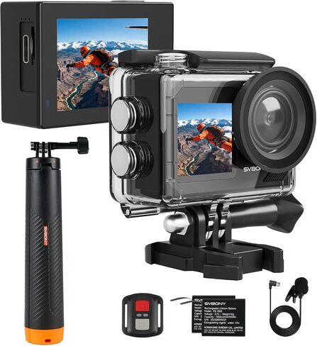 SVBONY SVGo2 4K Action Camera Travel Kit with Selfie Stick Tripod | with 3X 1350mAh Batteries, Dual Touch Screen, 6-Axis EIS Stabilization, Backpack Clip & Case, Wired microphone，Remote control in Kuwait