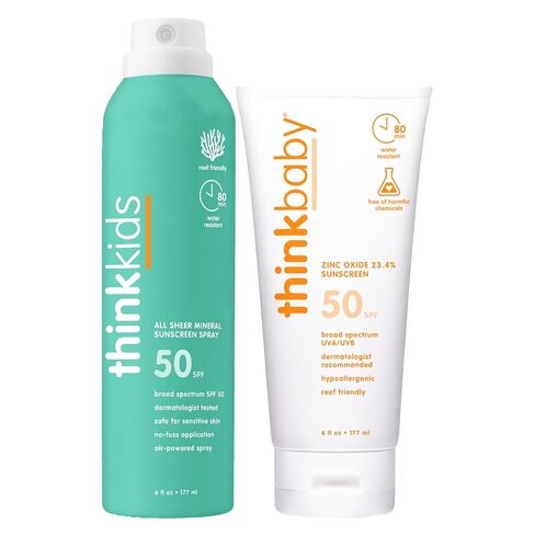 Thinkbaby SPF 50+ Baby Mineral Sunscreen, 6oz + Thinksport Kids SPF 50+ Sheer Mineral Sunscreen Spray, 6oz, Water Resistant Sun Cream – Broad Spectrum UVA/UVB Sun Protection in Kuwait