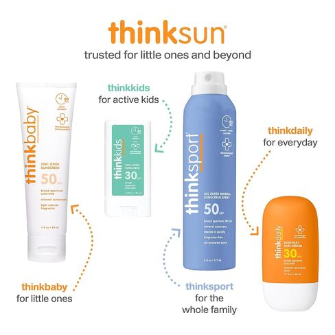 Thinkbaby SPF 50+ Baby Mineral Sunscreen, 6oz + Thinksport Kids SPF 50+ Sheer Mineral Sunscreen Spray, 6oz, Water Resistant Sun Cream – Broad Spectrum UVA/UVB Sun Protection in Kuwait