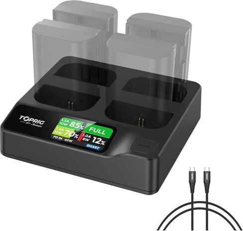 Toprig LP-E6NH LP-E6P 4-Bay Battery Charger with LCD, PD60W LP-E6 LP-E6N Fast Charger, Compatible with Canon LP-E6 LP-E6N Battery, EOS R5, R6 Mark II, 5D 6D 7D Mark II III IV, 60D, 70D, 80D in Kuwait