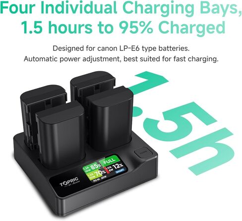 Toprig LP-E6NH LP-E6P 4-Bay Battery Charger with LCD, PD60W LP-E6 LP-E6N Fast Charger, Compatible with Canon LP-E6 LP-E6N Battery, EOS R5, R6 Mark II, 5D 6D 7D Mark II III IV, 60D, 70D, 80D in Kuwait