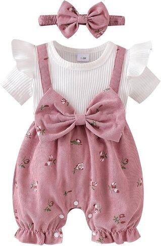 DUBASAM Infant Baby Girl Summer Jumpuit Short Sleeve Knit Floral Romper Fake Two-Piece Outfit with Headband in Kuwait
