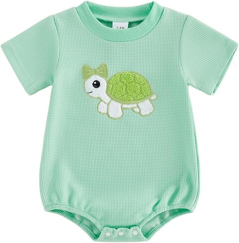 Infant Baby Girl Turtle Romper Newborn Coming Home Outfit Summer Clothes Embroiderey Bow Short Sleeve Waffle Bodysuit in Kuwait