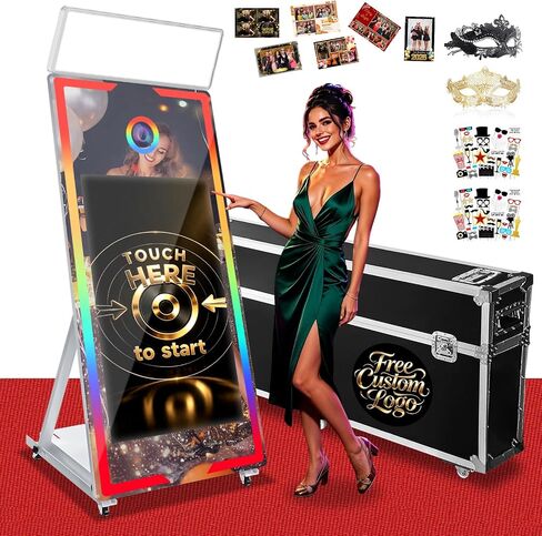 Magic Mirror Photo Booth, 65'' Mirror Photo Booth, 43'' Interactive Touch Screen, with Flight Case, Square Light, Perfect for Weddings, Parties, Events (White, 65-43in) in Kuwait