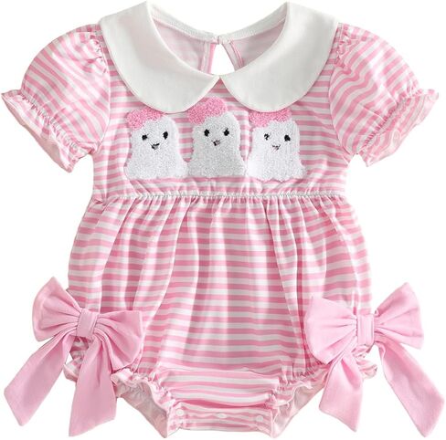 Baby Girl Halloween Outfit Ghost Embroidery Bubble Romper Short Sleeve Striped Jumpsuit Infant Cute Clothes in Kuwait