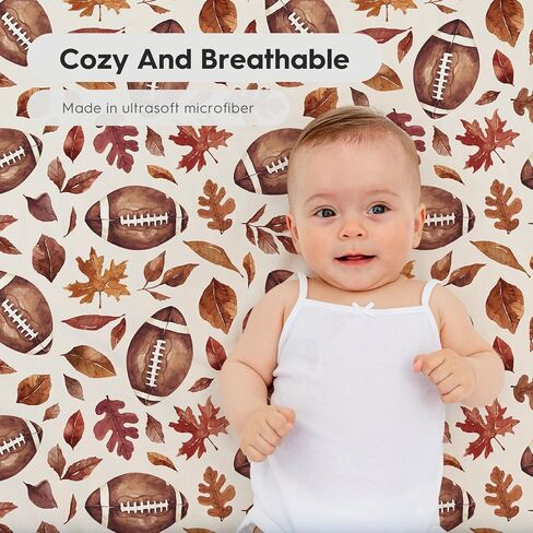 Horaldaily 2 Pack Fitted Crib Sheet for Boys Girls,Soft Breathable Washable Jersey Microfiber Baby Crib Sheet, Fits Standard Size Crib Mattress 28in x 52in, Warm Brown Football & Fall Leaves in Kuwait