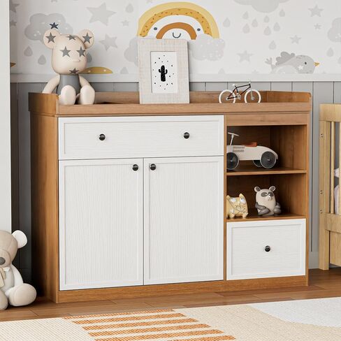 UbabyNest Wide Changing Table with 2 Doors, 2 Different Size Drawer&Storage Cubbies, Durable Wood Construction, Built-in Shelves for Ample Storage (Beige) in Kuwait
