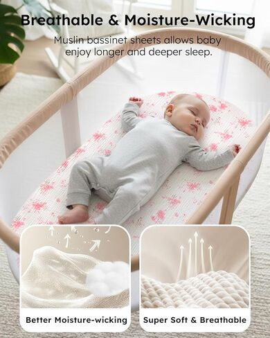 Yoofoss Muslin Baby Bassinet Sheets Boys Girls, Organic Fitted Bassinet Mattress Sheets Compatible with Halo Bassinest Swivel Sleeper,Baby Delight, Angelbliss, Soft, Breathable, Durable in Kuwait