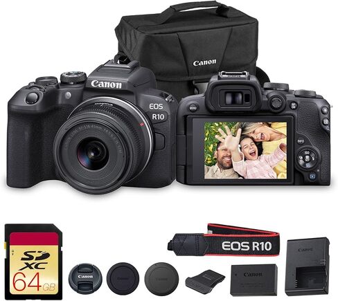 Canon EOS R10 Mirrorless Camera Kit | 24.2MP APS-C Sensor with RF-S 18-150mm Lens | 4K Video Dual Pixel AF Compact Travel Photography (5331C016) + Canon RF 50mm f/1.8 STM Lens + 64GB Card + Bag in Kuwait