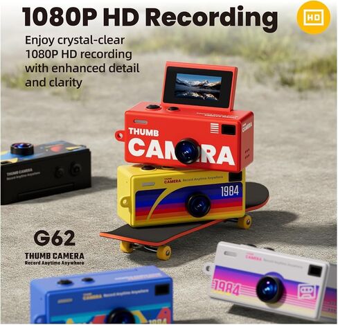 1080P CCD Mini Flip Thumb Keychain Digital Camera | 61° Wide Angle Mini Camera 0.96in Flip Screen Fill Light Retro Keychain Cam(Upgraded Yellow) in Kuwait