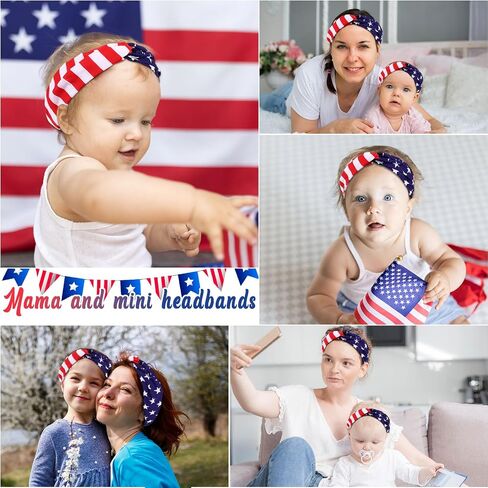 4th Of July Baby Headbands, 2PCS Red White Blue Mommy and Baby Headbands, American Flag Print Mother Daughter Matching Elastic Nylon Hairbands for Toddler Baby Girls Women in Saudi Arabia