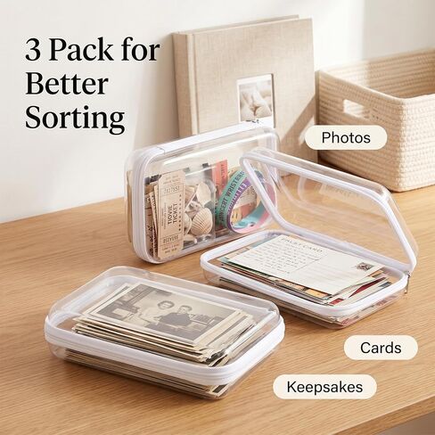 Photo Box 3 Pack, Clear Plastic Photo Storage Box with Lids for Prints, Picture Storage Containers for Home Albums, Cards, Crafts, Keepsakes, Scrapbooking, Closet Shelf and Memory Sorting Kit in Kuwait