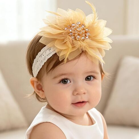 Bethynas Baby Girls Lace Feather Headband Beads Gauze Flower Elastic Toddler Hairband Birthday Party Princess Hair Accessories for Newborn Infant (Pink) in Saudi Arabia