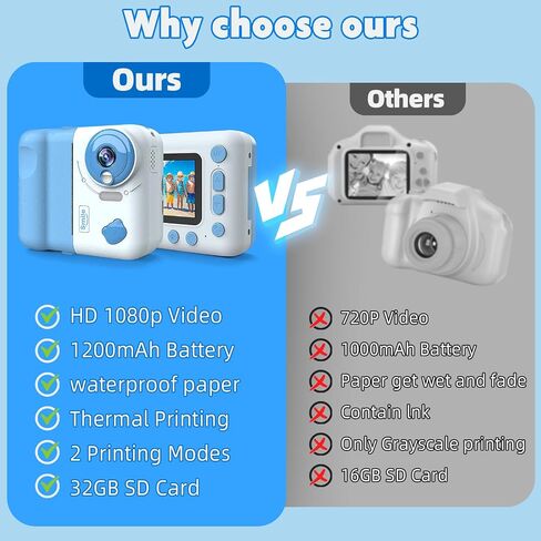 Instant Print Camera for Kids, Christmas Birthday Gifts for Girls Boys 4 5 6 7 8 9 10 11 12 Years Old, 1080P HD Digital Camera with Color Pens/3 Rolls Print Paper/32G Card in Kuwait