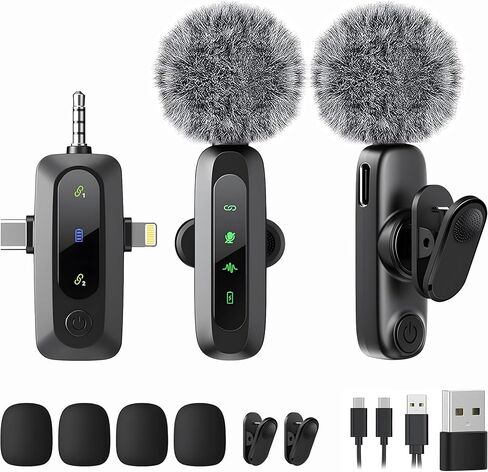 Mini Microphone,3 in 1 Wireless Lavalier Microphones for iPhone/iPad/Android/Camera(Lightning/USB/3.5 mm Jack),2 Pack Bluetooth Microphone with on Mute/Noise for Video Recording Vlog,Youtube,Tiktok in Kuwait