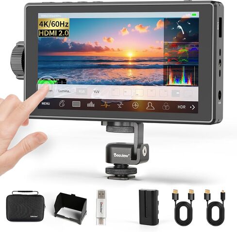 Desview A5 5.5" Touch Screen Camera Field Monitor, 4K 60Hz HDMI 2.0 in/Out with 3D LUT Waveform Peaking, Complete Kit with NP-F550 Battery & Sunshade for DSLR in Kuwait
