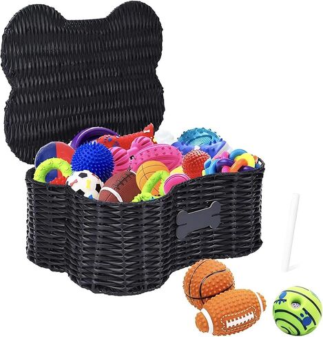 Poly Wicker Baskets for Dog Toys,Bone Shaped Dog Toy Bin with Lid,Dog Toy Boxes for Living Room,Handmade Pet Organizer with Name Tag,Woven Dog Toys Basket-Black in Saudi Arabia