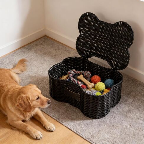Poly Wicker Baskets for Dog Toys,Bone Shaped Dog Toy Bin with Lid,Dog Toy Boxes for Living Room,Handmade Pet Organizer with Name Tag,Woven Dog Toys Basket-Black in Saudi Arabia