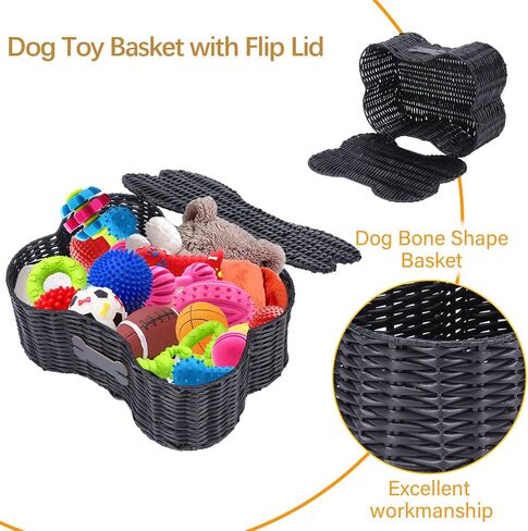 Poly Wicker Baskets for Dog Toys,Bone Shaped Dog Toy Bin with Lid,Dog Toy Boxes for Living Room,Handmade Pet Organizer with Name Tag,Woven Dog Toys Basket-Black in Saudi Arabia