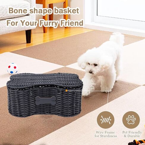 Poly Wicker Baskets for Dog Toys,Bone Shaped Dog Toy Bin with Lid,Dog Toy Boxes for Living Room,Handmade Pet Organizer with Name Tag,Woven Dog Toys Basket-Black in Saudi Arabia