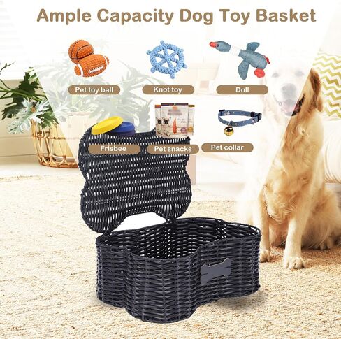 Poly Wicker Baskets for Dog Toys,Bone Shaped Dog Toy Bin with Lid,Dog Toy Boxes for Living Room,Handmade Pet Organizer with Name Tag,Woven Dog Toys Basket-Black in Saudi Arabia