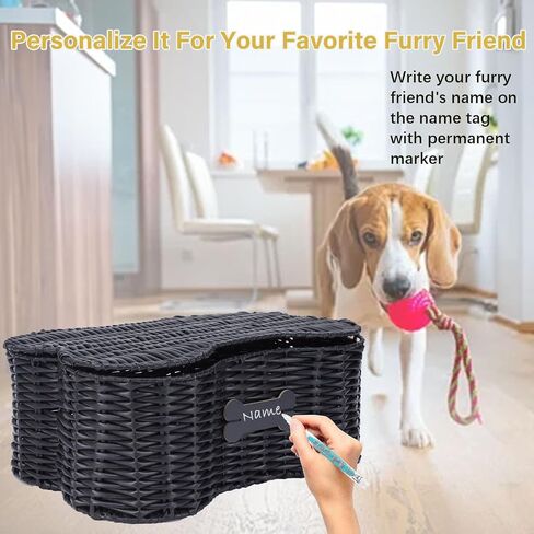 Poly Wicker Baskets for Dog Toys,Bone Shaped Dog Toy Bin with Lid,Dog Toy Boxes for Living Room,Handmade Pet Organizer with Name Tag,Woven Dog Toys Basket-Black in Saudi Arabia