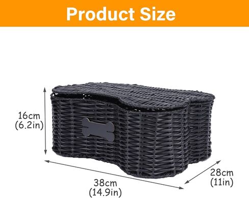 Poly Wicker Baskets for Dog Toys,Bone Shaped Dog Toy Bin with Lid,Dog Toy Boxes for Living Room,Handmade Pet Organizer with Name Tag,Woven Dog Toys Basket-Black in Saudi Arabia