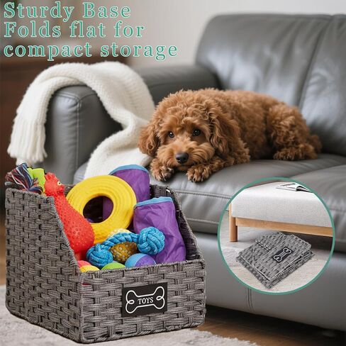 Dog Toy Storage Basket,Rattan Weave Organizer Bin for Dogs Cats,Collapsible Puppy Toys Box with Wire Frame, Easy-Access(Grey) in Kuwait