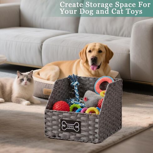 Dog Toy Storage Basket,Rattan Weave Organizer Bin for Dogs Cats,Collapsible Puppy Toys Box with Wire Frame, Easy-Access(Grey) in Kuwait