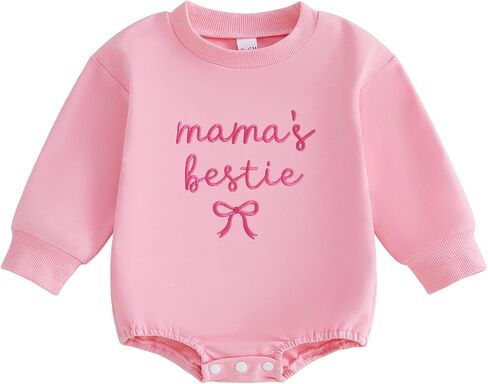 Mama's Bestie Bubble Romper Baby Girl 0-18M | Pink Bow Embroidery Long Sleeve Bodysuit, Fall Baby Girl Clothes, Newborn Going Home Outfit Girl, Pregnancy Announcement in Kuwait
