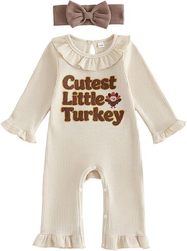 Baby Girl Thanksgiving Outfit Newborn Turkey Romper Fall Clothes | My First Thanksgiving Infant Baby Girls Ruffle Long Sleeve Round Neck Waffle Kintted Cute Jumpsuit With Headhand Winter Set in Kuwait