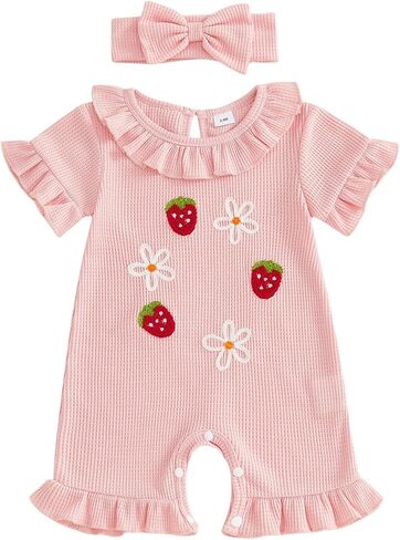 Baby Girl Summer Outfit Strawberry/Cherry Embroidery Ruffled Short Sleeve Romper Waffle Knit Jumpsuit with Headband in Kuwait