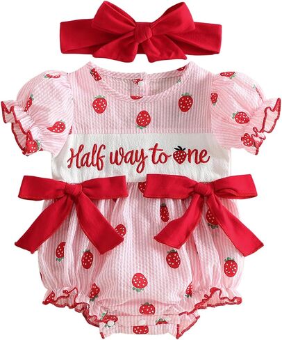 Baby Girl 1/2 Birthday Outfit Half Way To One Romper Strawberry | Newborn Jumpsuit with Headband for 6 Month Birthday Photo Infant Girl Strawberry Outfit Bubble Romper for Summer, Baby Shower in Kuwait