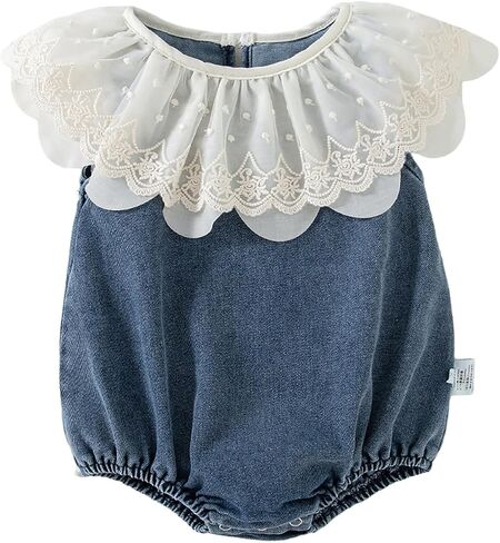 HOOLCHEAN Baby Girl Denim Lace Romper Infant Sleeveless Summer Bubble Romper with Ruffle Collar in Kuwait