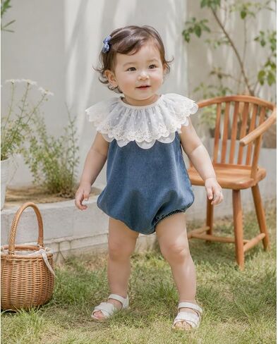HOOLCHEAN Baby Girl Denim Lace Romper Infant Sleeveless Summer Bubble Romper with Ruffle Collar in Kuwait