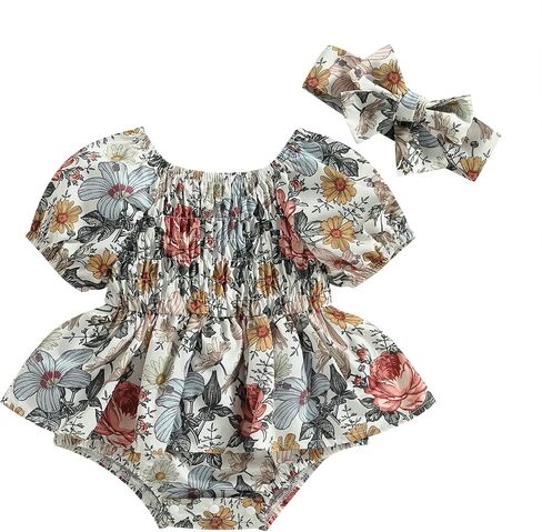 Baby Girl Bow Print Romper Dress Puff Sleeve One Piece with Headband Newborn Girls 2 Piece Outfits in Kuwait