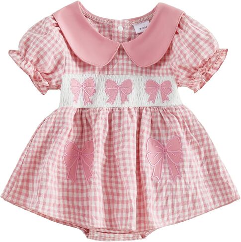 Baby Girl Summer Clothes Plaid Bowknot Smocked Romper Dress Infant Bow Bodysuit Dresses Toddler Spring Cute Outfit in Kuwait