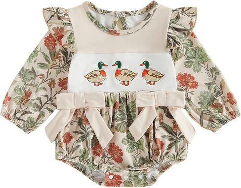 Baby Girl Outfit Fall Winter Duck Hunting Flower Camo Smocked Bubble Romper | Long Sleeve, Camo/retro flower print, Mallard duck embroidery, Cute bow, Hunting themed Clothes for girls 0-18 months in Kuwait