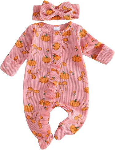 Halloween Newborn Girl Outfit Ghost Footed Fall Romper Jumpsuit | My First Halloween Clothes Infant Girls Long Sleeve Spooky Pumpkin Print Ruffle Outfit With Headhand Cute Baby Winter Set in Kuwait