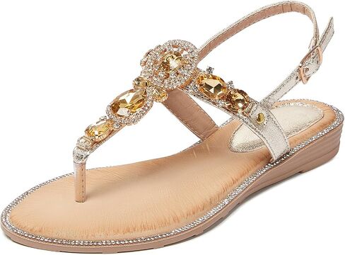 iCKER Women's Rhinestone Flat Sandals T-Strap with Adjustable Ankle Strap | T-Strap,thong,non‑slip,matches summer dresses,for wedding,party,evening,vacation and festival in Kuwait
