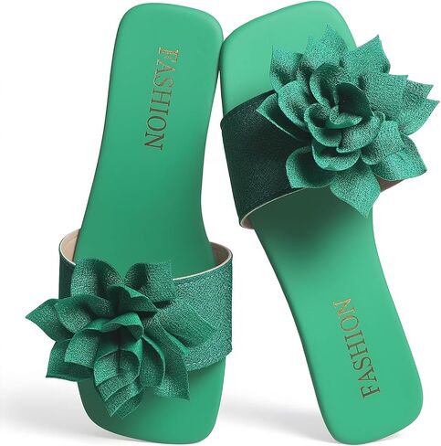 Women's Square Toe Flat Sandals with Flower & Bow, Soft Slide Open-Toe Summer Slippers, Cute Faux Leather Walking Shoes for Summer in Kuwait