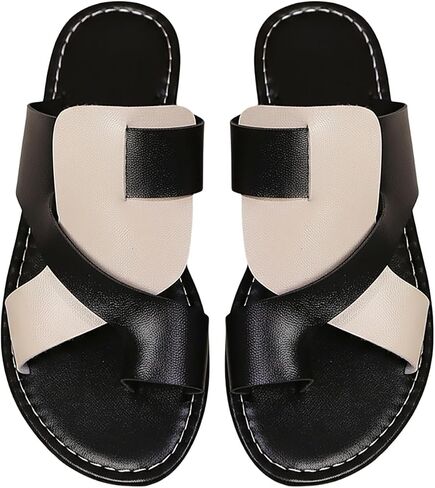 GORGLITTER Women's Cross Band Leather Flat Sandals Summer Dressy Toe Ring Color Block Slip on Vacation Thong Sandals in Kuwait