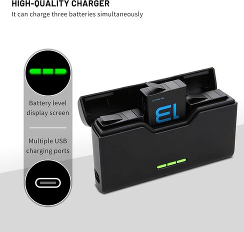 3-Pack Battery with 3-Channel Battery Charger Station for Hero 13 Mission 1 | Mission 1 Pro Camera, Come with 2 Batteries and 3 Slot Battery Charging Station Camera 8.17Wh 2100mAh High capacity in Kuwait