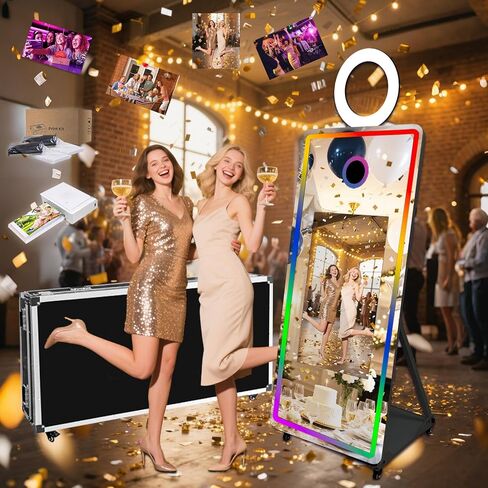 65 inch Portable Mirror Photo Booth,Magic Mirror Selfie Photobooth Stand Machine 32'' Touch Screen with Ring Light and Trolley Flight Case for Parties (Black, Machine+Mini Printer) in Kuwait