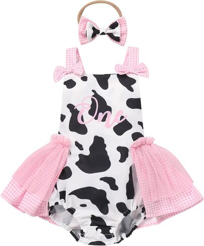 ODASDO Baby Girls Cow Print Tulle Tutu Romper Dresses with Headband First Birthday Party Cake Smash Outfit Photo Shoot in Kuwait