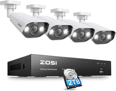 ZOSI 4K PoE Security Camera System,Person Vehicle Detection,8 Port 16CH 8MP NVR with 2TB HDD,4pcs 4K Outdoor Indoor PoE IP Cameras,2 Way Audio,Spotlight Siren,Color Night Vision,for 24/7 Recording in Kuwait