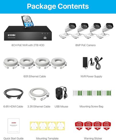 ZOSI 4K PoE Security Camera System,Person Vehicle Detection,8 Port 16CH 8MP NVR with 2TB HDD,4pcs 4K Outdoor Indoor PoE IP Cameras,2 Way Audio,Spotlight Siren,Color Night Vision,for 24/7 Recording in Kuwait