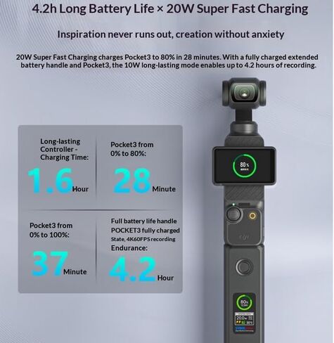 Coyktonty Battery Handle for DJI Osmo Pocket 4P/Pocket 4 3/Xtra Muse with LCD Full Color Display,Built-in 5000mAh Battery Fast Charging and Reserved 1/4"Thread,Maximum Power: 20W in Kuwait