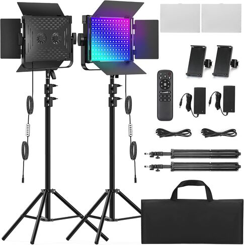 2-Pack RGB Photography Lighting Kit, 50W Bi-Color Professional LED Studio Lights, 2300k~8500k Dimmable Photo Lights for Photography Filming Camera Video Recording Stage Shooting Streaming TikTok in Kuwait