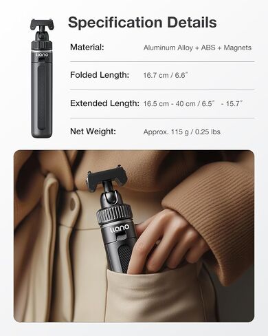 llano 16" Magnetic Action Camera Tripod for Insta 360 Ace pro 2/1, X5, X4, Mini Tripod with Magsafe Quick Release Adapter, Small Selfie Stick, 360° Ball Head, Portable, Lightweight, Black in Kuwait